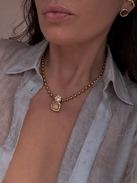 Smaller Raw Rose Quartz & Swarovski